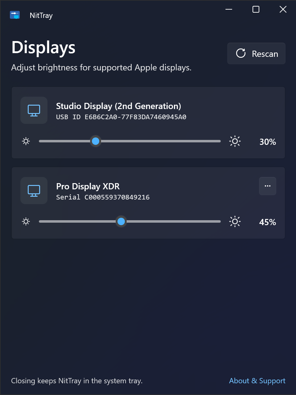NitTray brightness slider in dark theme on Windows